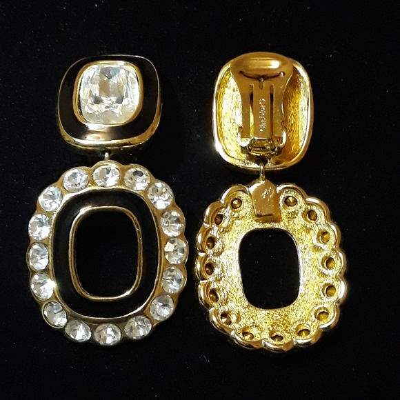 Christian Dior Glamorous Rare Oversized Black Enamel and Crystal Clip Earrings. - Picture 2 of 7